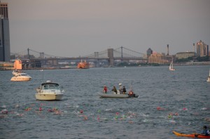 Nearing end of swim, Brooklyn bridge in lower manhattan