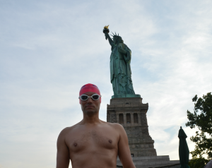 before swim start at foot of statue