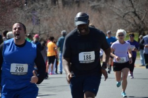 Steve locked in a battle as he reaches the finish