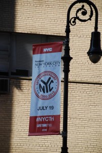 NYC triathlon banner on 72nd street